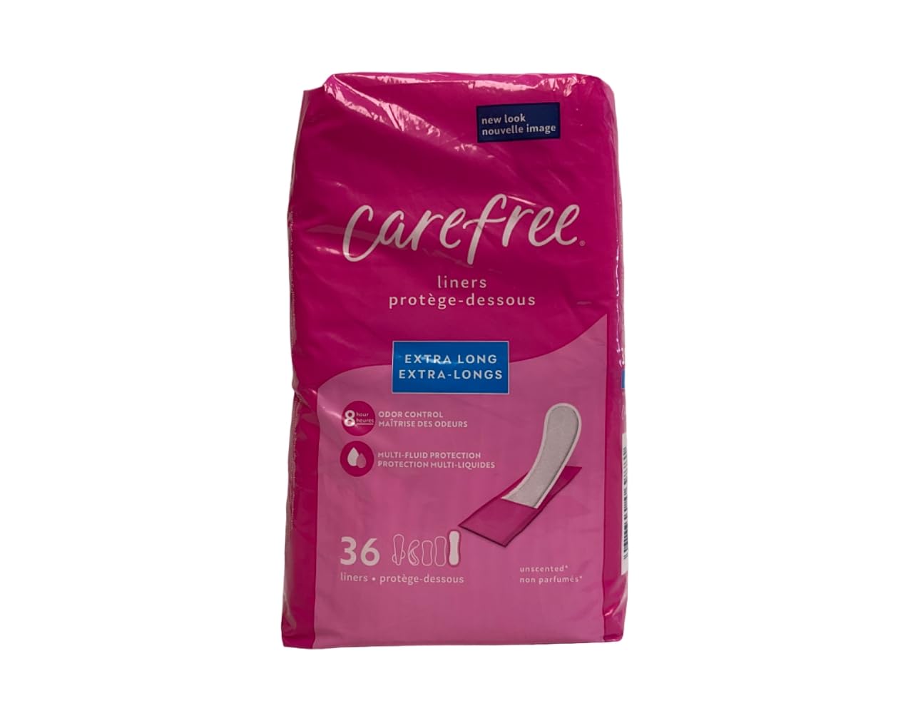 Carefree embalaje frontal Extra Long mostrando cantidad y sin perfume, protección discreta