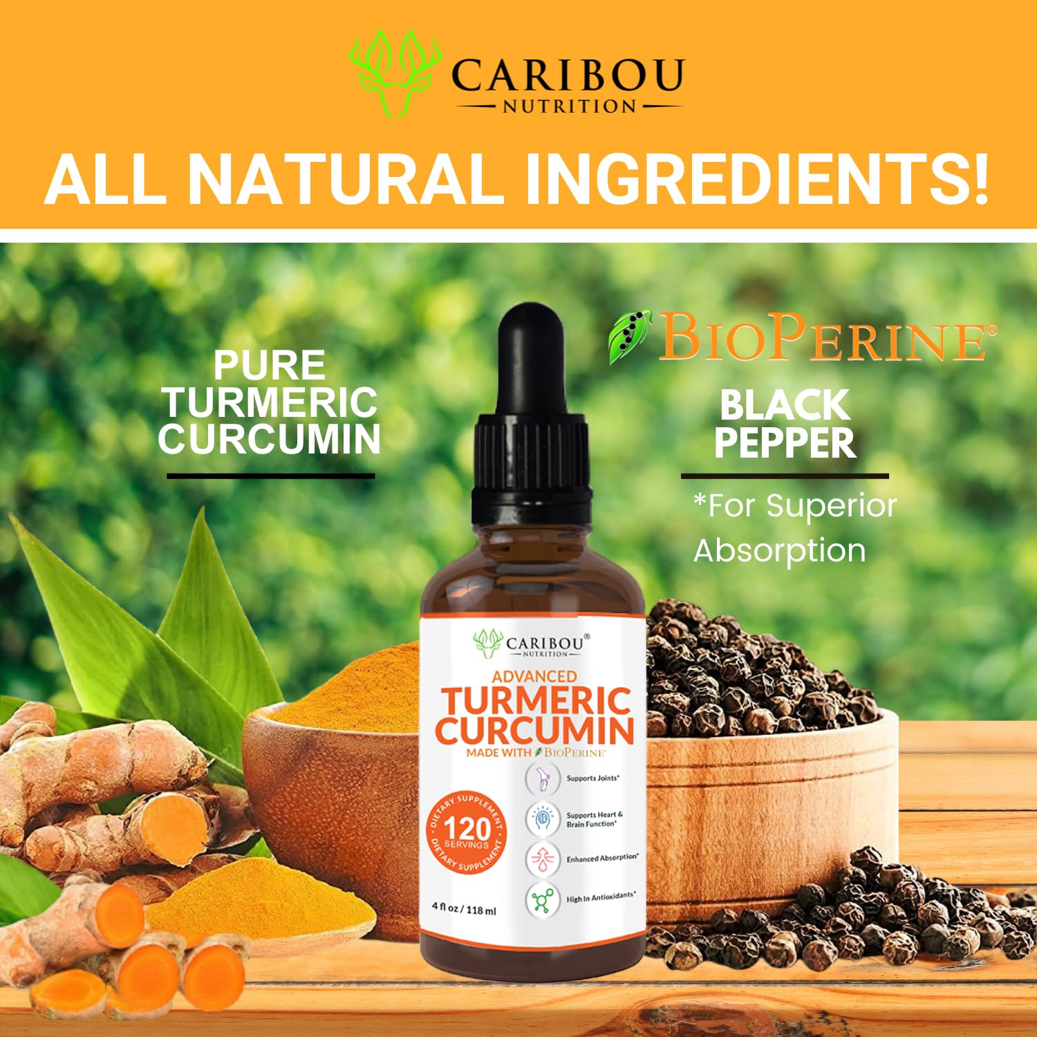 Caribou Nutrition ingredientes principales cúrcuma y pimienta en primer plano