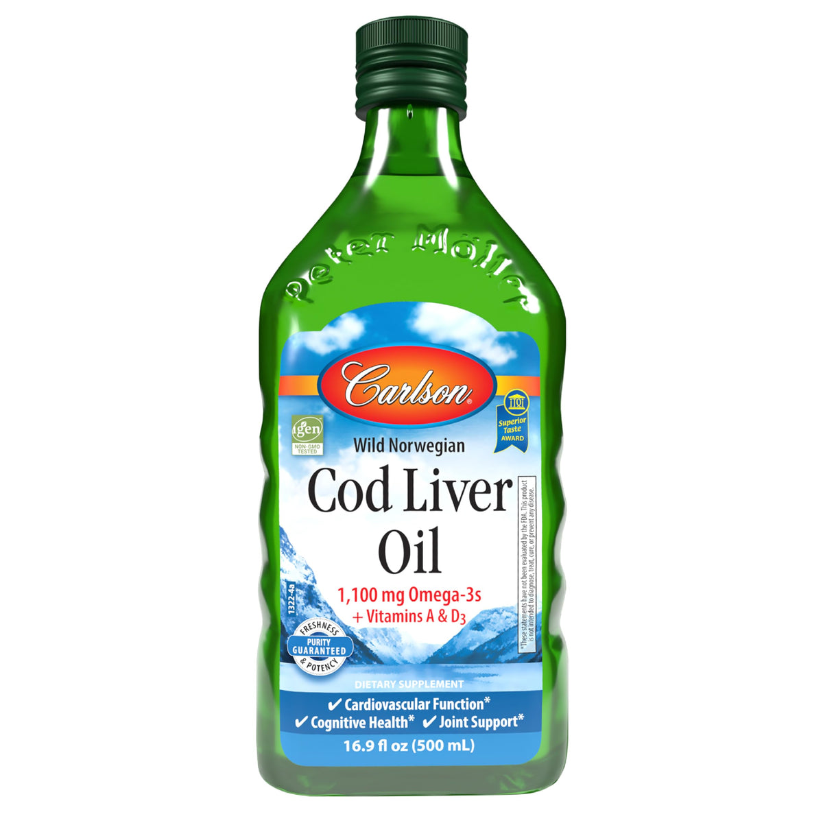 Carlson envase frontal mostrando aceite de hígado de bacalao, calidad noruega