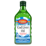 Carlson envase frontal mostrando aceite de hígado de bacalao, calidad noruega