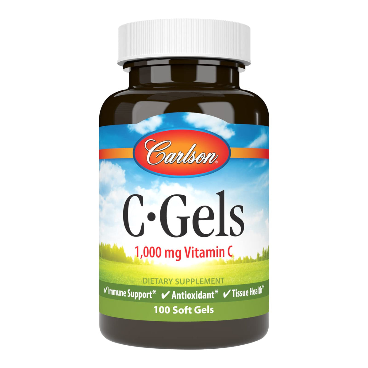Carlson frasco frontal de C-Gels mostrando dosis y cantidad