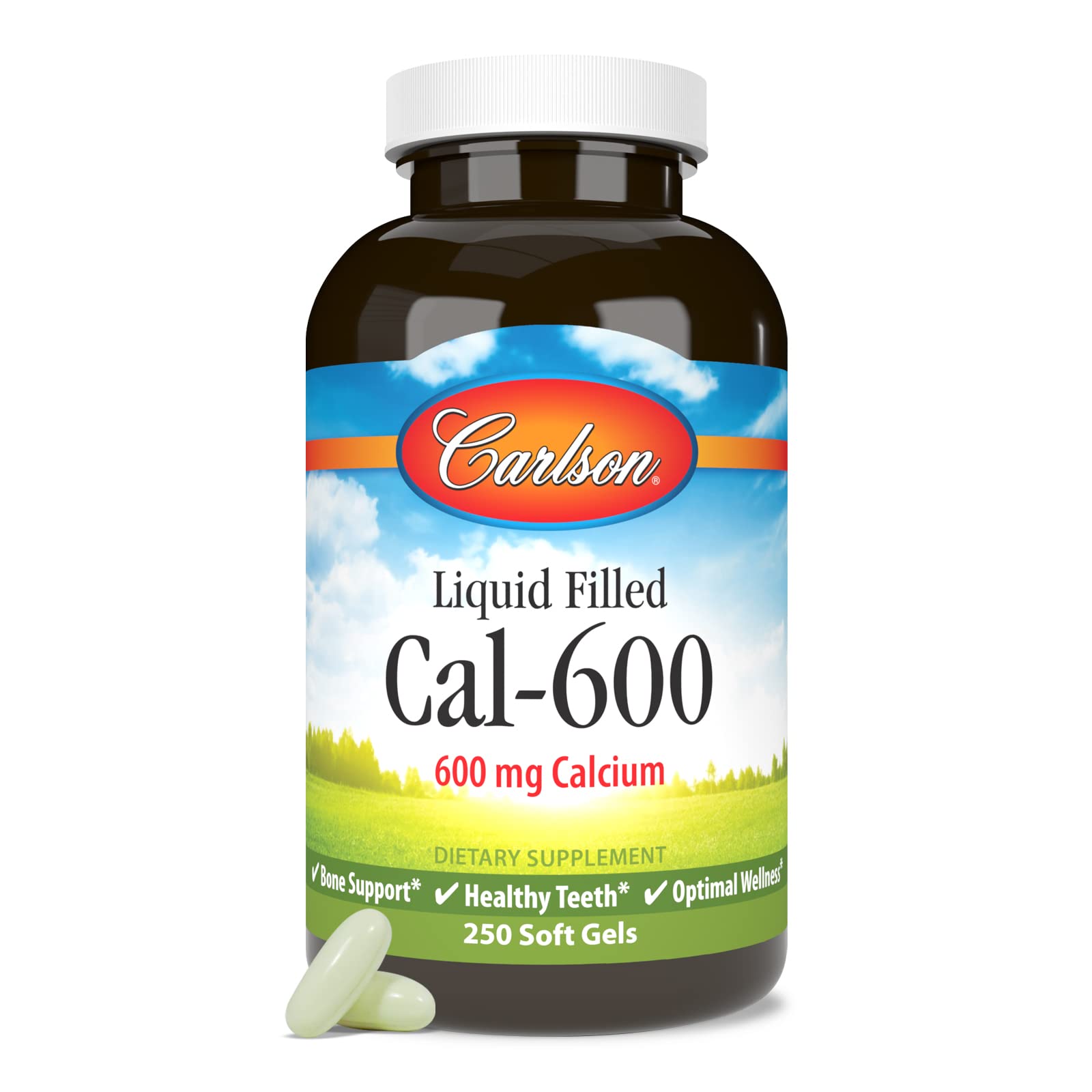 Carlson Cal-600 frente del frasco mostrando 250 softgels y beneficios claros