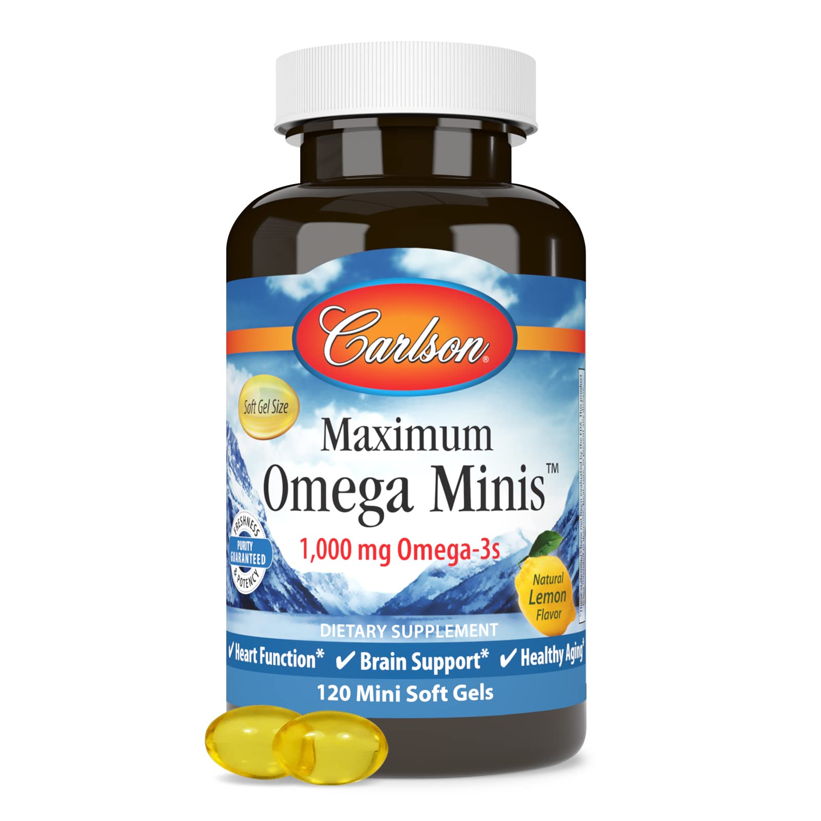 Carlson comparación de tamaño con moneda, claridad sobre mini softgels