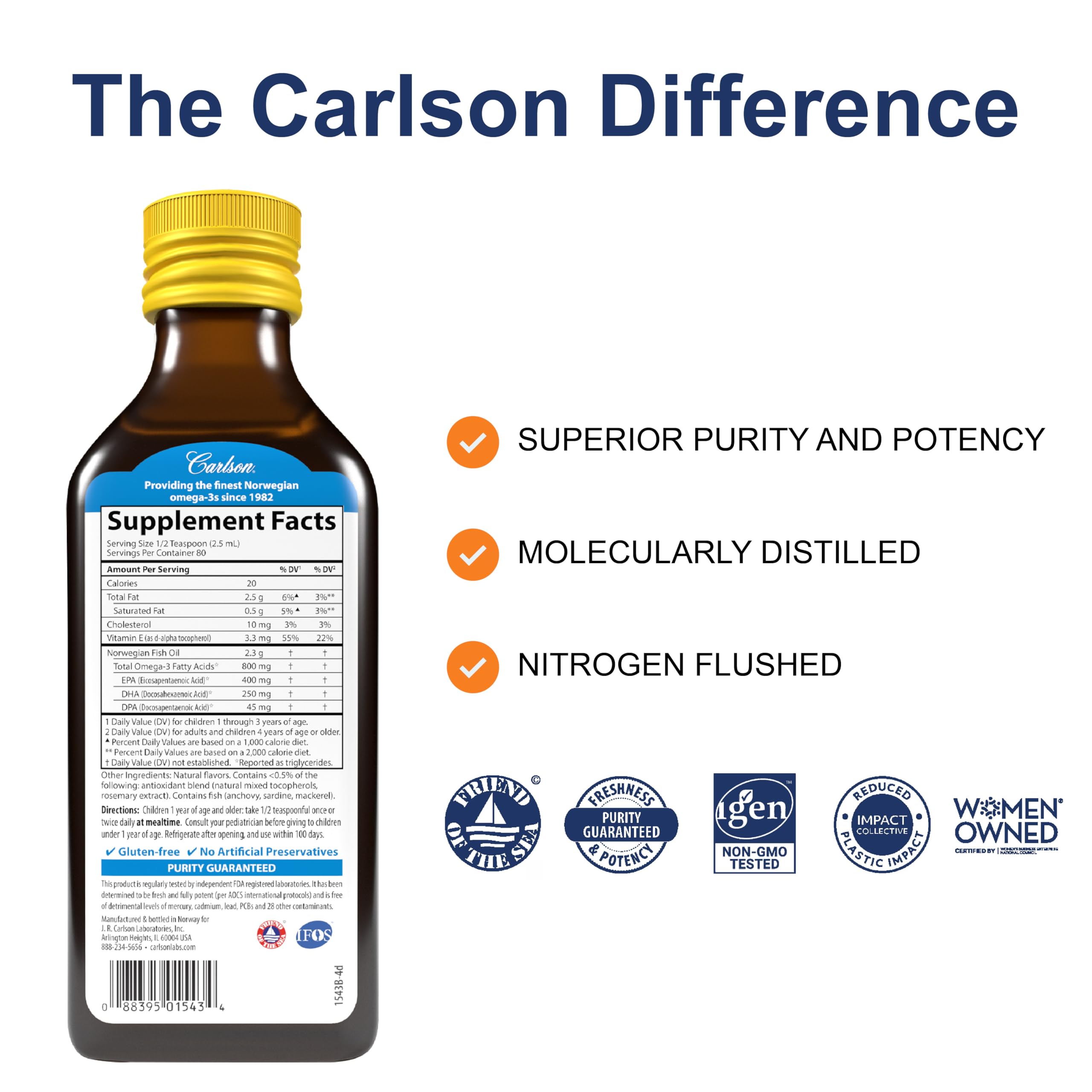 Carlson etiqueta nutricional en detalle destacando 800 mg omega‑3 por cucharadita