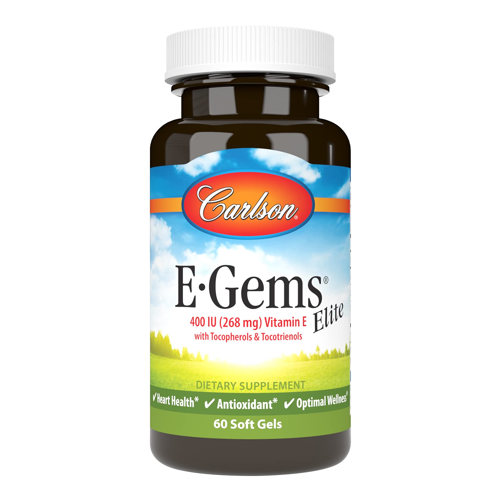 Carlson frasco E-Gems Elite frente mostrando 60 cápsulas, facilidad de uso