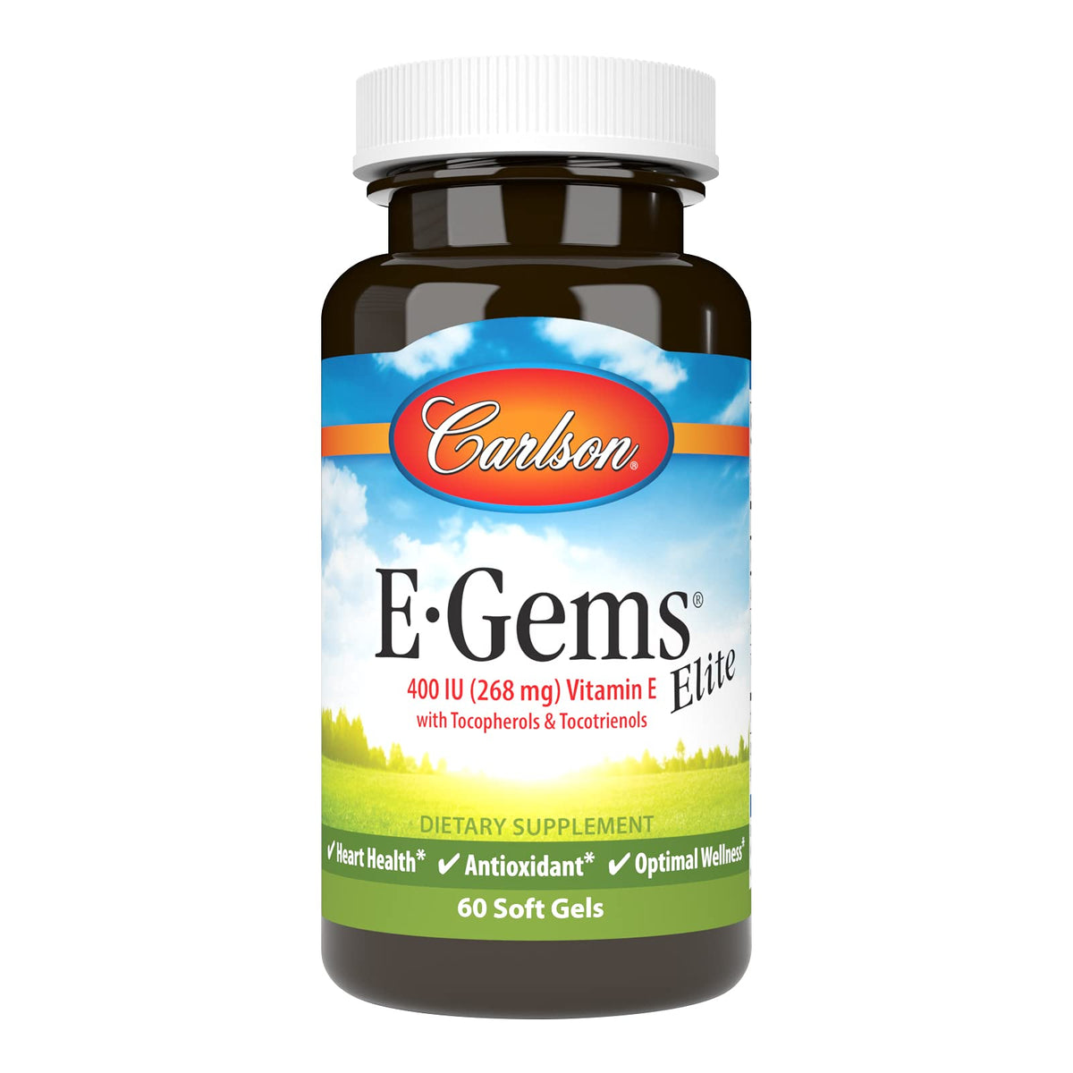 Carlson frasco E-Gems Elite frente mostrando 60 cápsulas, facilidad de uso
