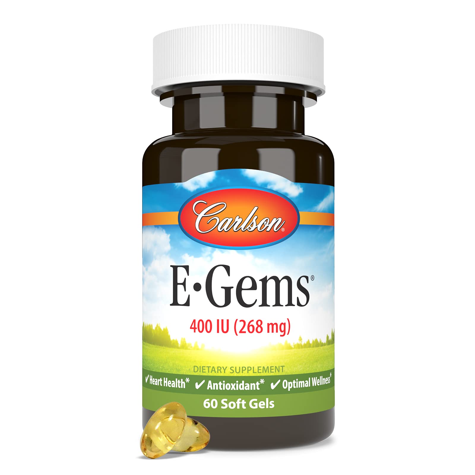 Carlson E-Gems etiqueta con lista de ingredientes y pruebas de calidad