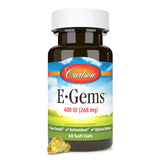 Carlson E-Gems etiqueta con lista de ingredientes y pruebas de calidad