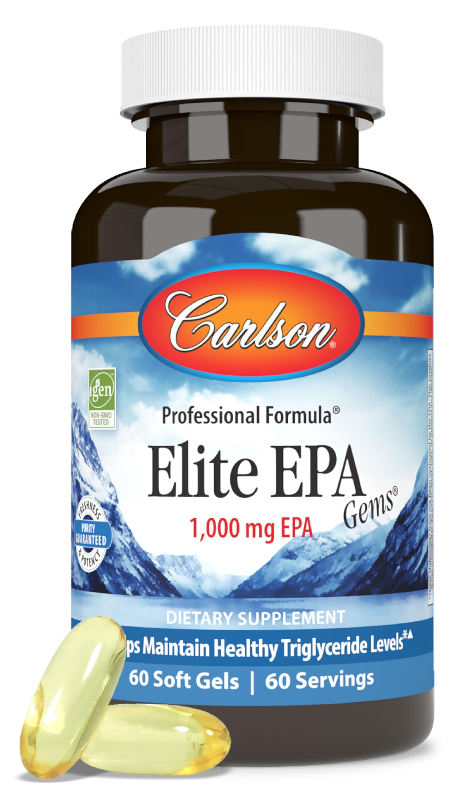 Carlson vista frontal del frasco mostrando envase y beneficio de pureza
