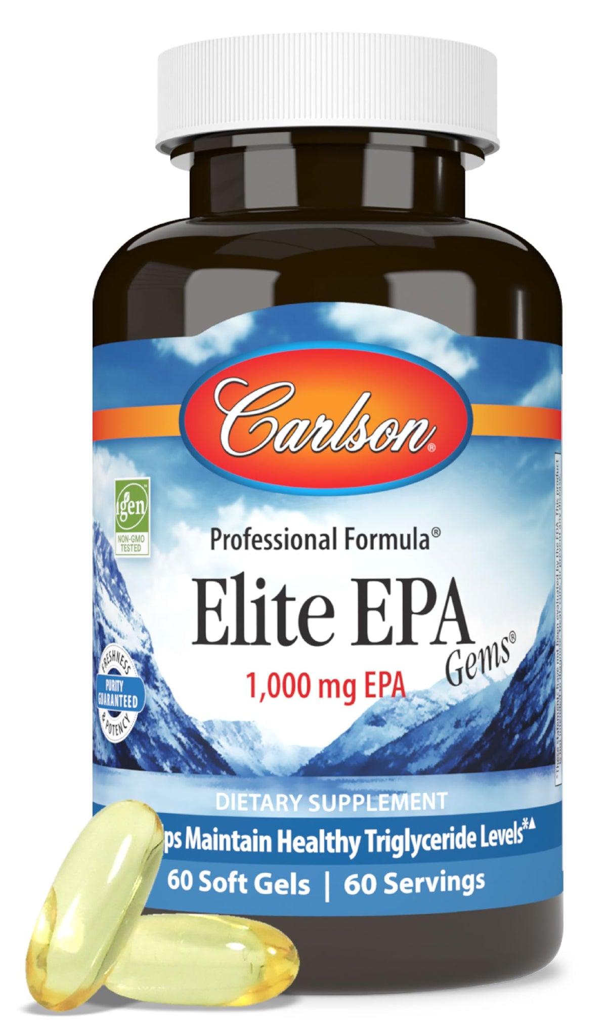Carlson vista frontal del frasco mostrando envase y beneficio de pureza