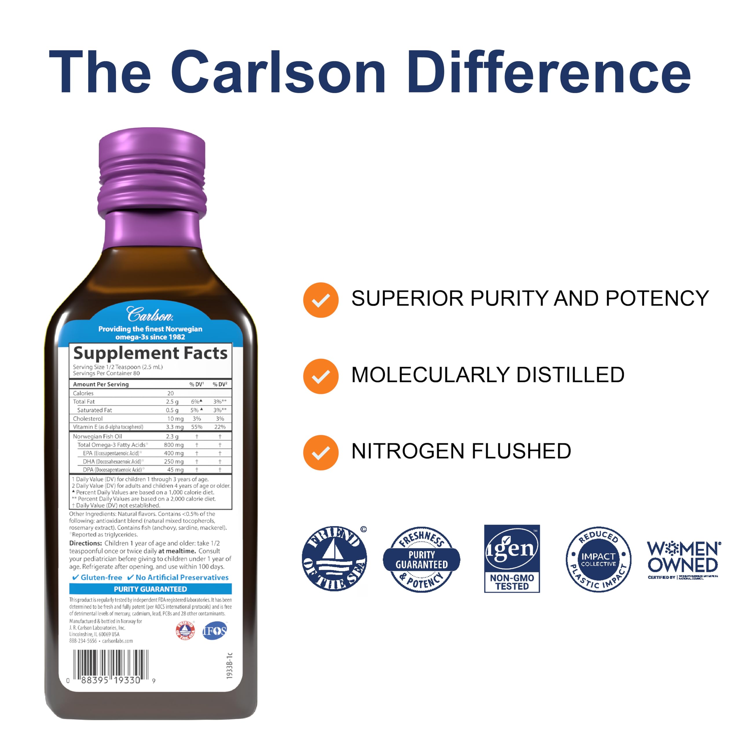 Carlson etiqueta con certificaciones FOS IFOS IGEN enfatizando calidad