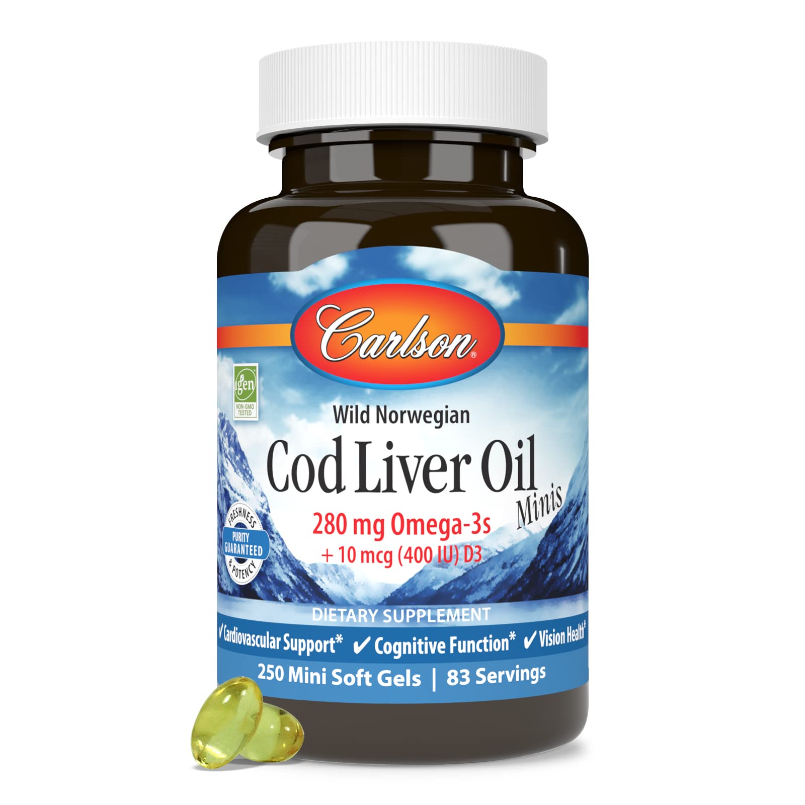Carlson etiqueta nutricional con detalles de omega-3 y vitaminas A y D3