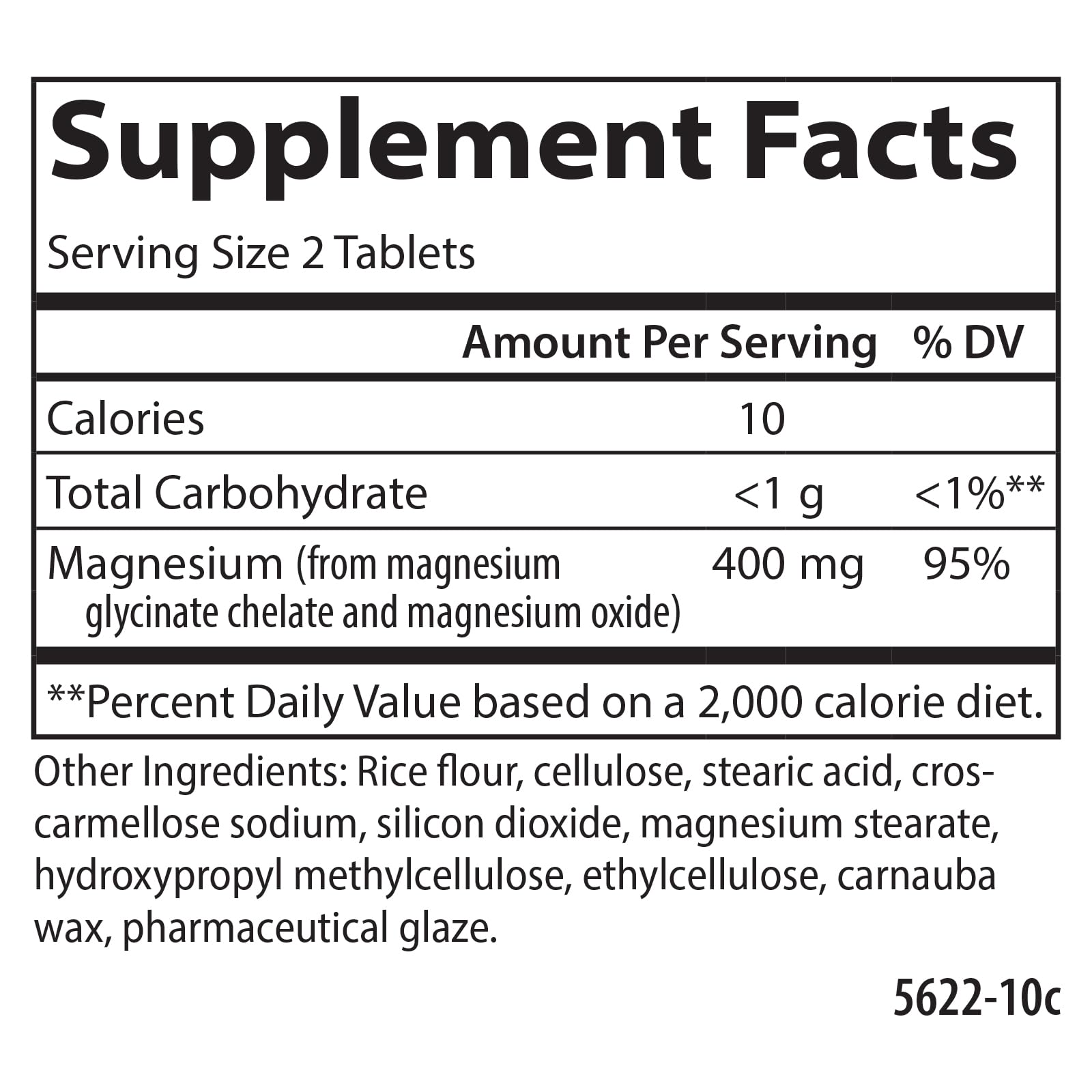 Carlson etiqueta nutricional enfocada con información clara de magnesio 400 mg
