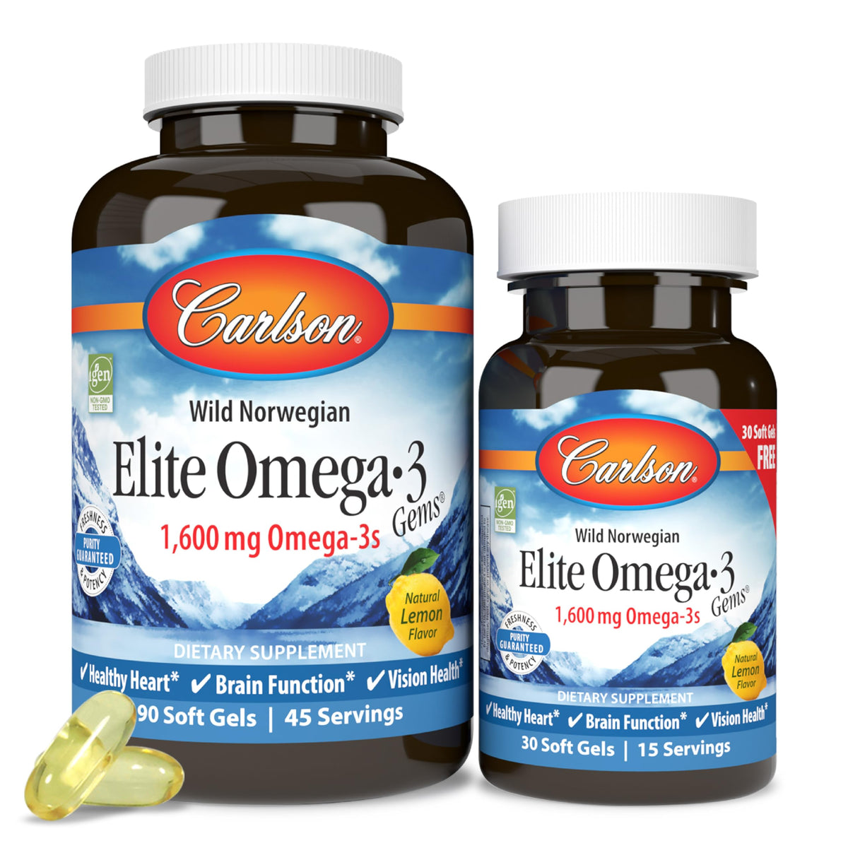 Carlson envase frontal Omega-3 Gems mostrando concentración y sabor limón