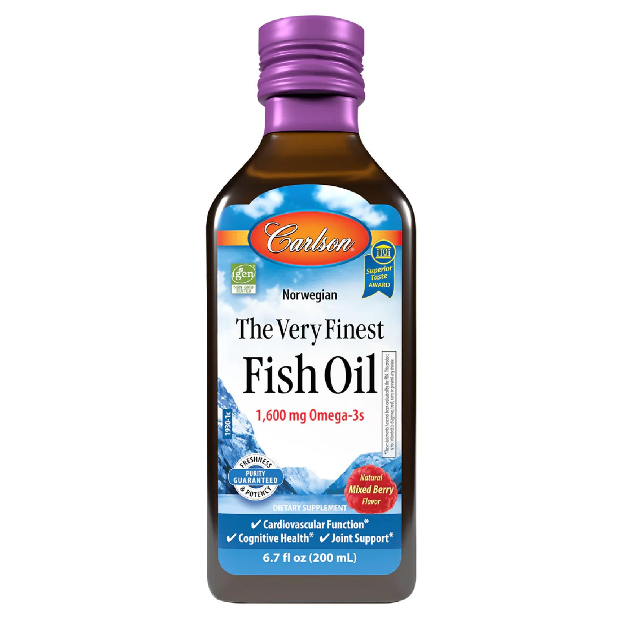 Carlson frente del envase mostrando la botella y sabor mixed berry