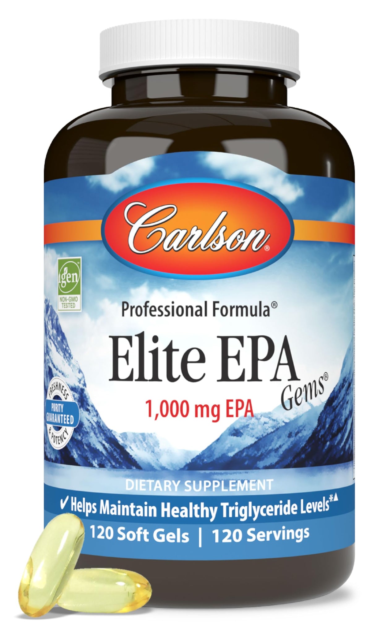 Carlson envase frontal Elite EPA Gems mostrando 120 cápsulas y beneficio de alta EPA