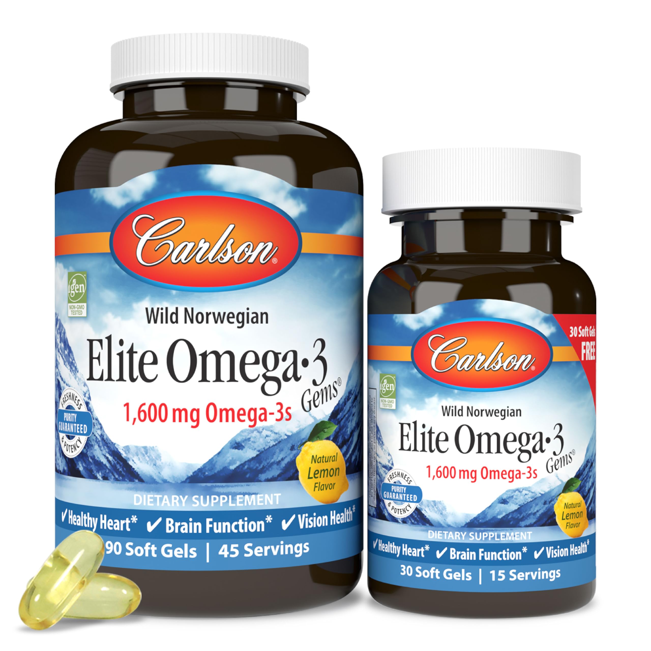 Carlson envase frontal de Elite Omega-3 Gems mostrando contenido y beneficios