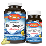 Carlson envase frontal de Elite Omega-3 Gems mostrando contenido y beneficios