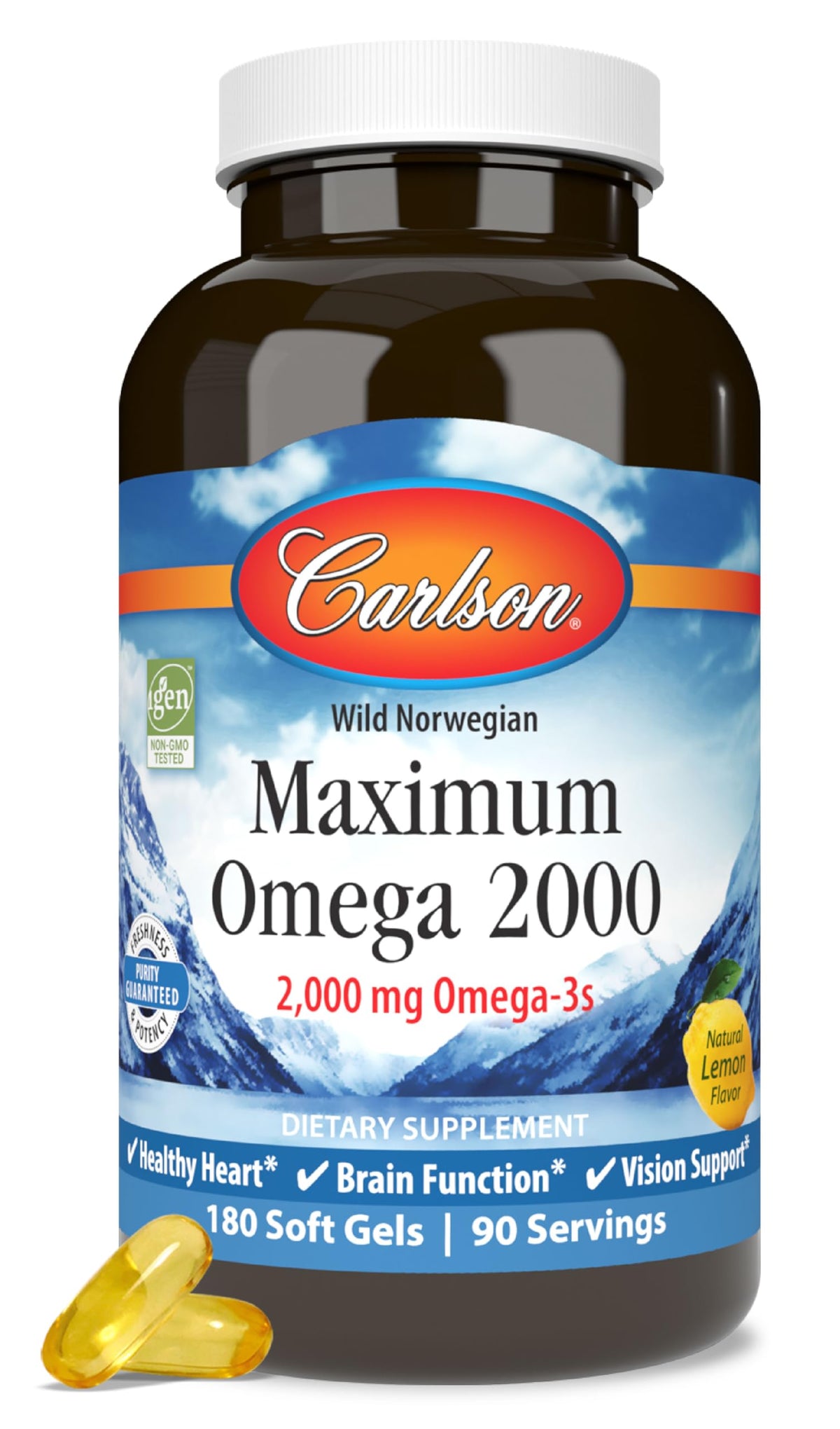 Carlson envase frontal mostrando 180 softgels y beneficios de omega-3