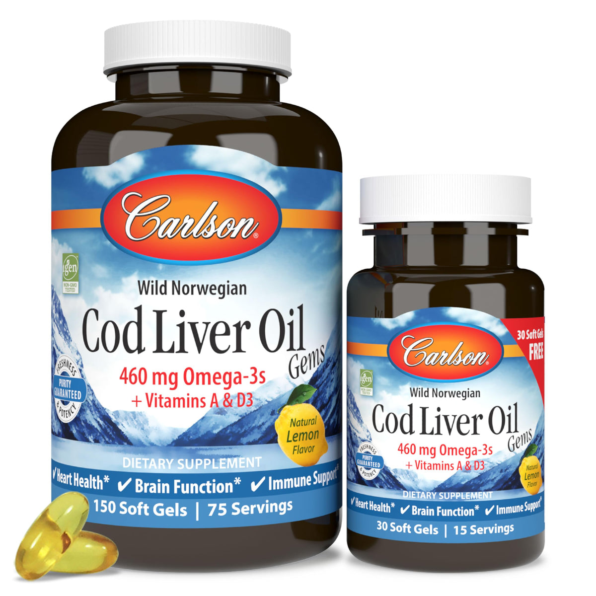 Carlson envase frontal mostrando cantidad y sabor limón y beneficios omega-3