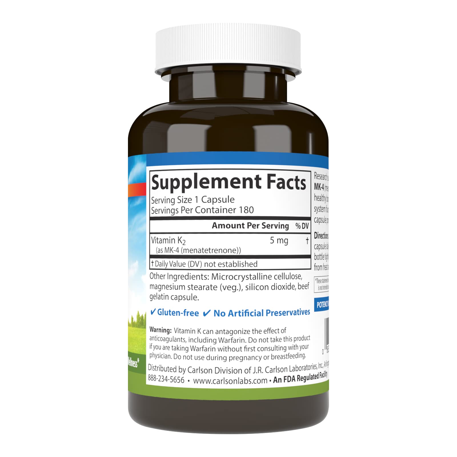 Carlson tapa abierta y etiqueta legible destacando 5 mg MK-4