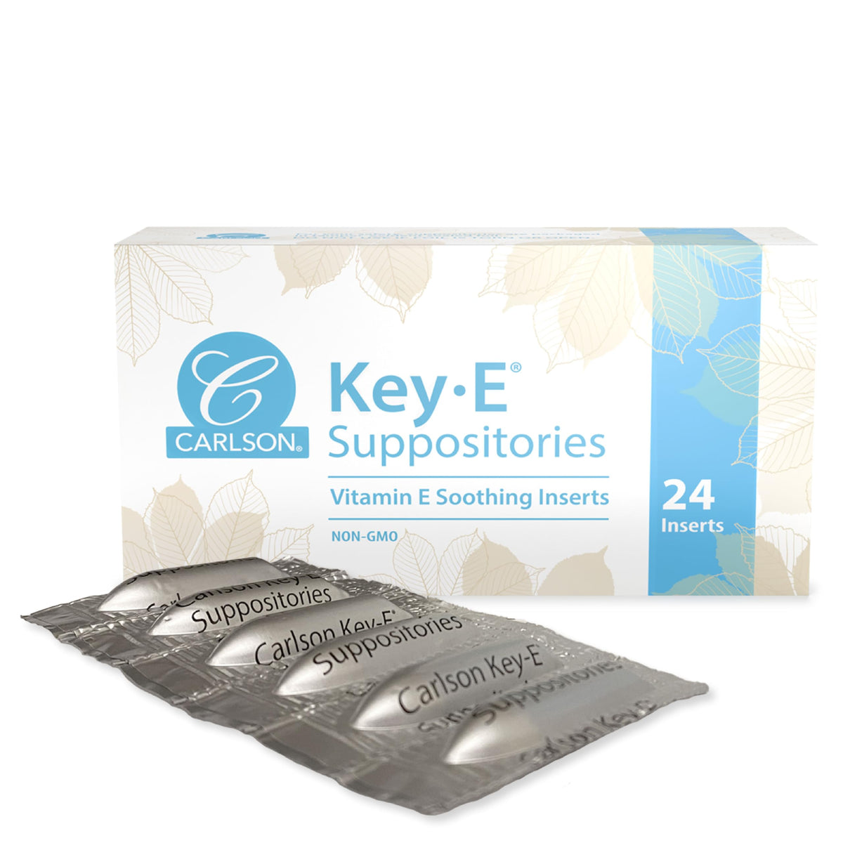 Carlson Key‑E envase frontal mostrando 24 supositorios y comodidad