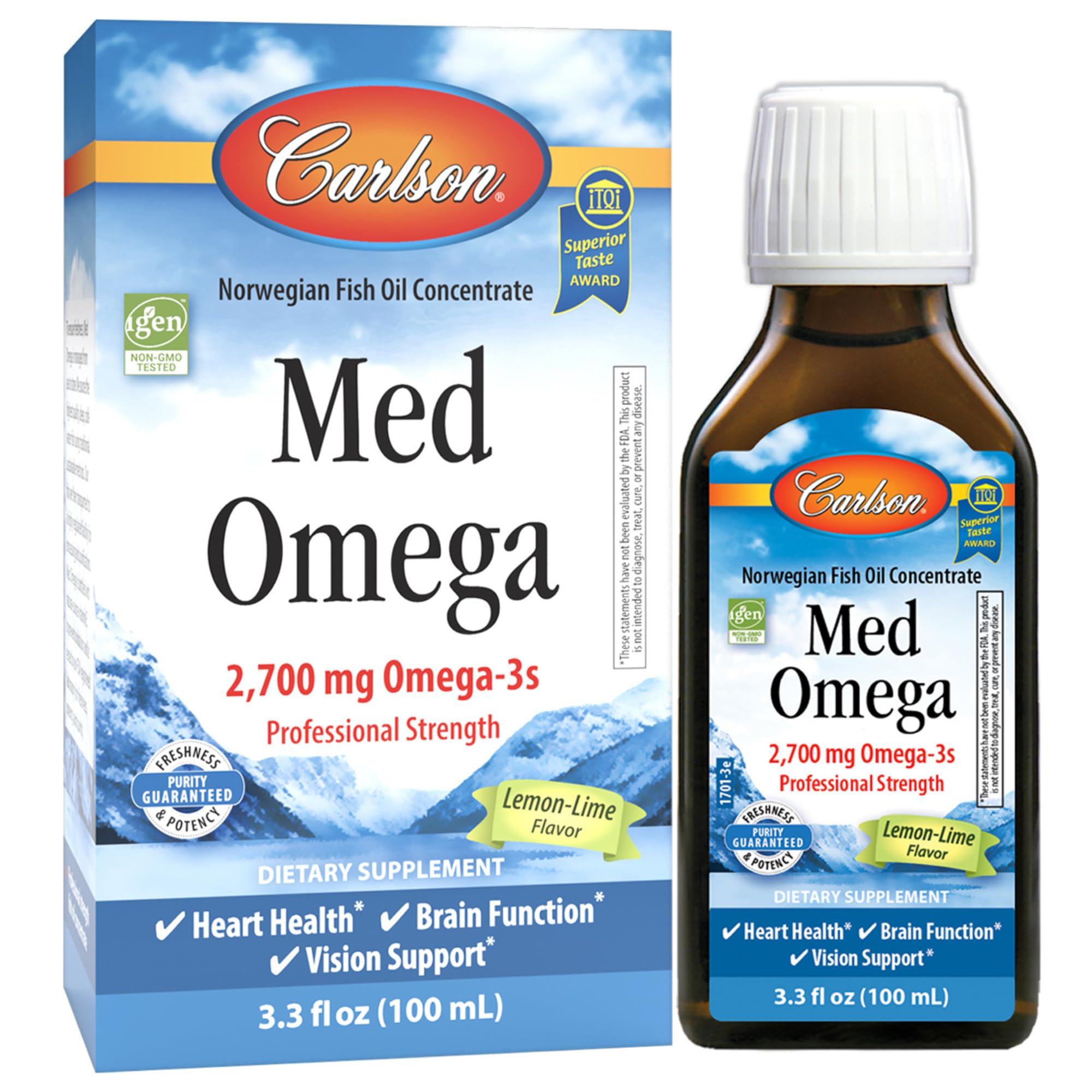 Carlson Med Omega frente del frasco muestra presentación y sabor limón‑lima