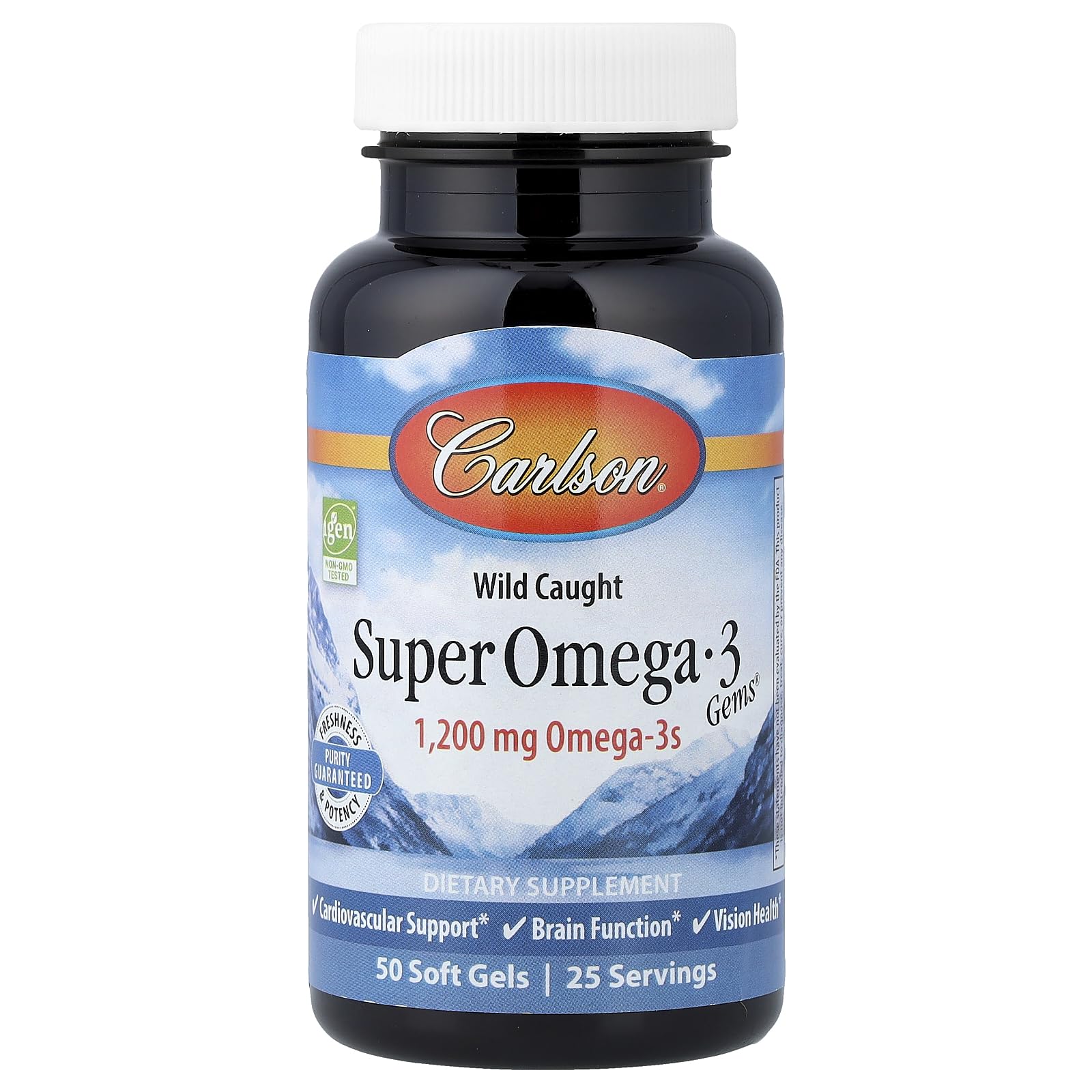 Carlson vista frontal del envase con 50 cápsulas y beneficios de omega‑3