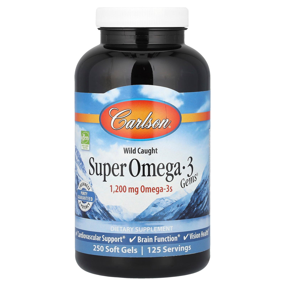 Carlson Super Omega-3 frente del envase mostrando 250 cápsulas y sello de pureza
