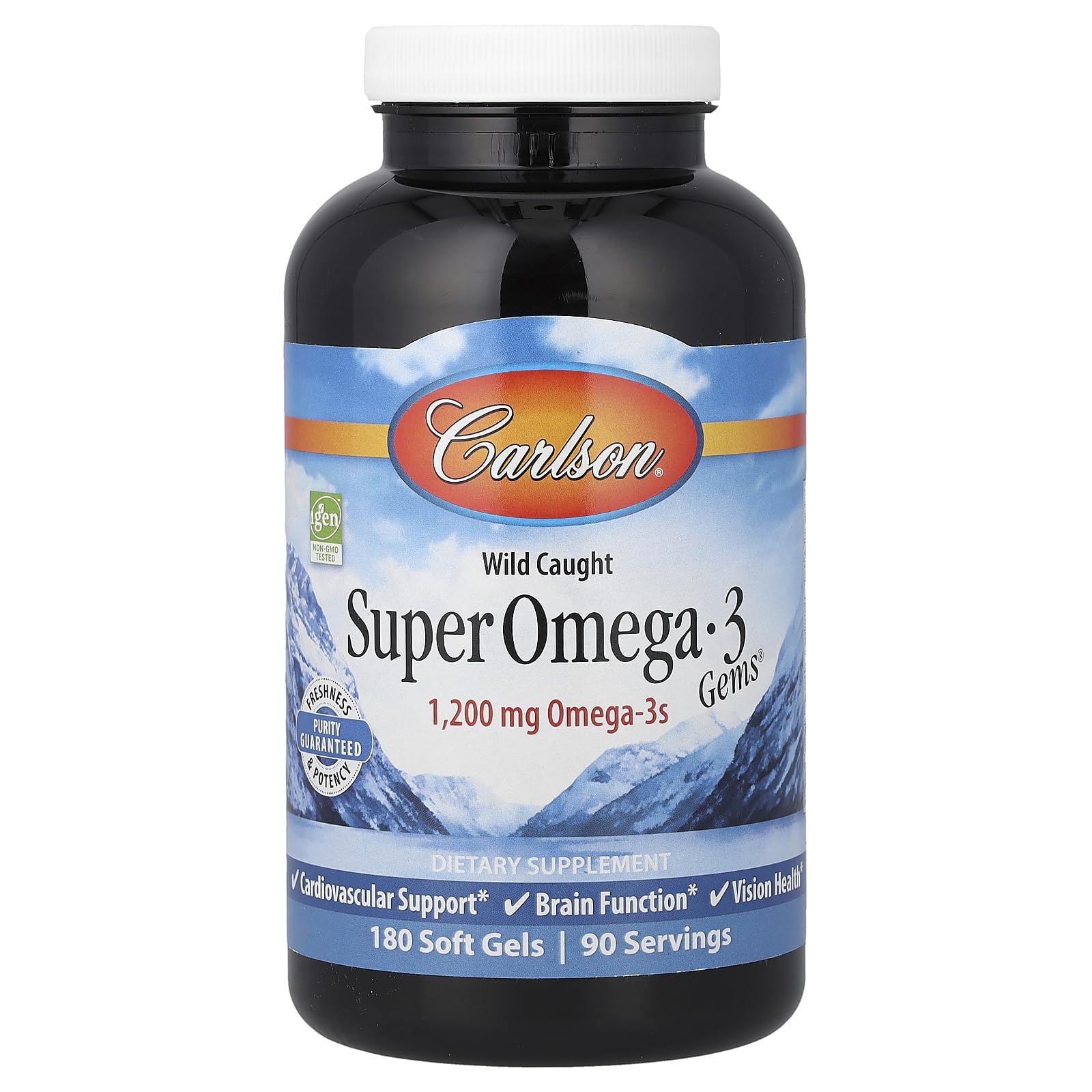 Carlson botella frontal del producto mostrando etiqueta y beneficios de omega-3