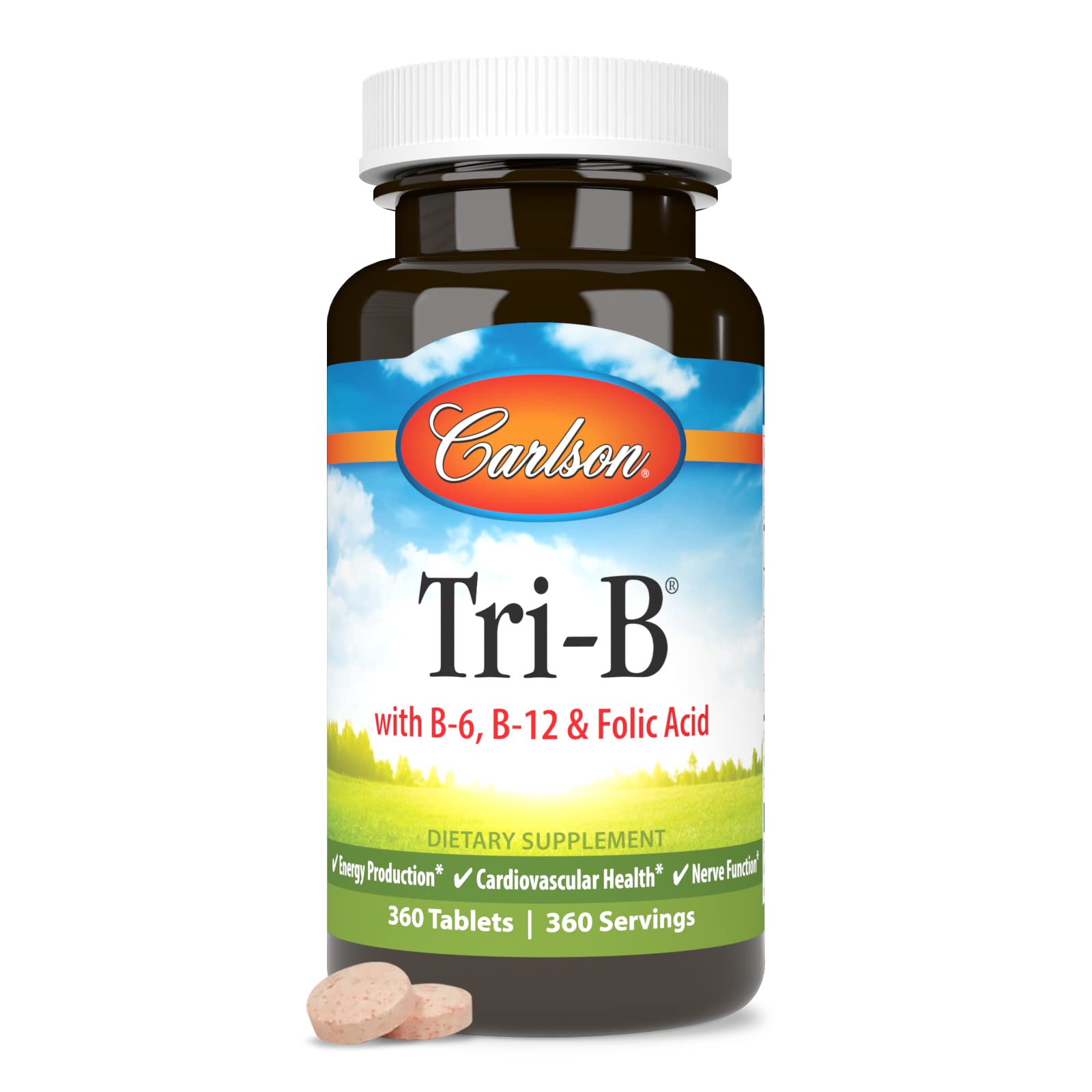 Carlson Tri-B etiqueta nutricional en primer plano mostrando dosis y contenidos