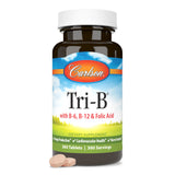 Carlson Tri-B etiqueta nutricional en primer plano mostrando dosis y contenidos