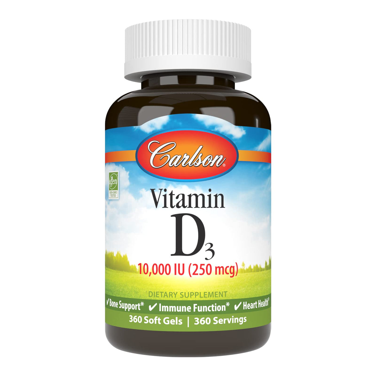 Carlson botella frontal con perlas D3 mostrando dosis y cantidad