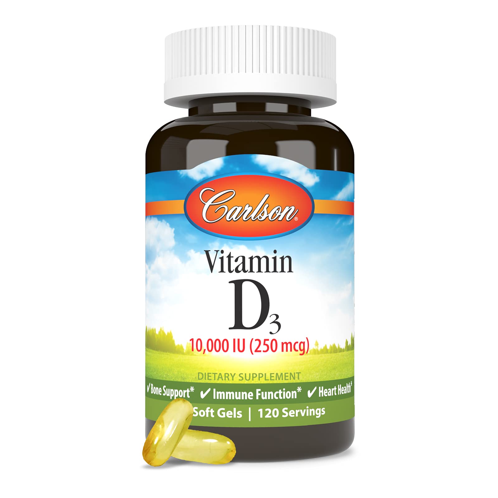 Carlson etiqueta con información nutricional y dosis por cápsula