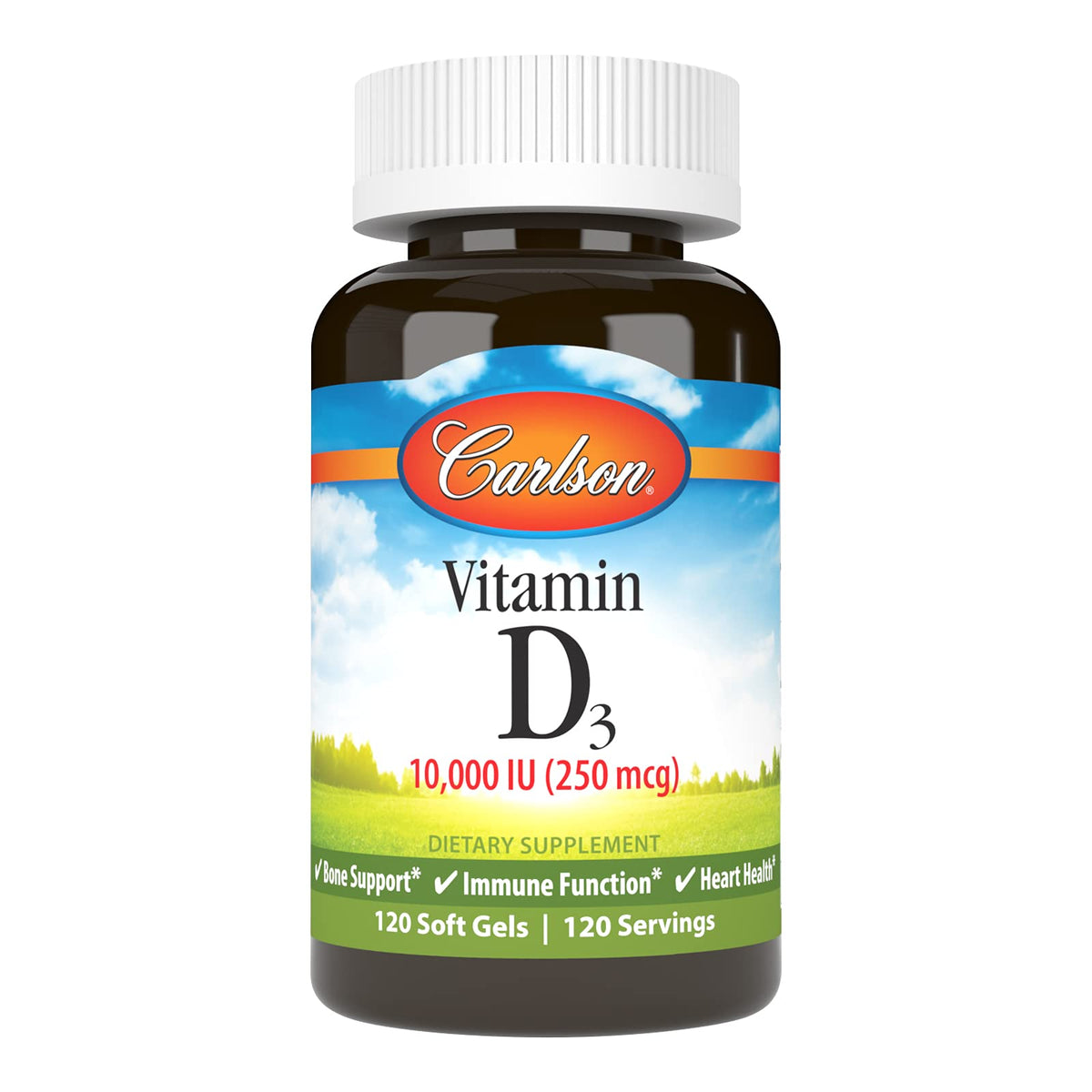 Carlson envase frontal de Vitamina D3 10,000 IU mostrando tamaño y diseño