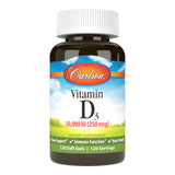 Carlson envase frontal de Vitamina D3 10,000 IU mostrando tamaño y diseño