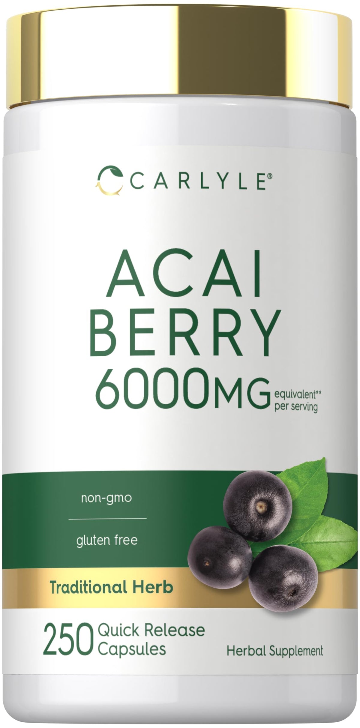 Carlyle envase frontal de Acai Berry mostrando diseño y cantidad de cápsulas