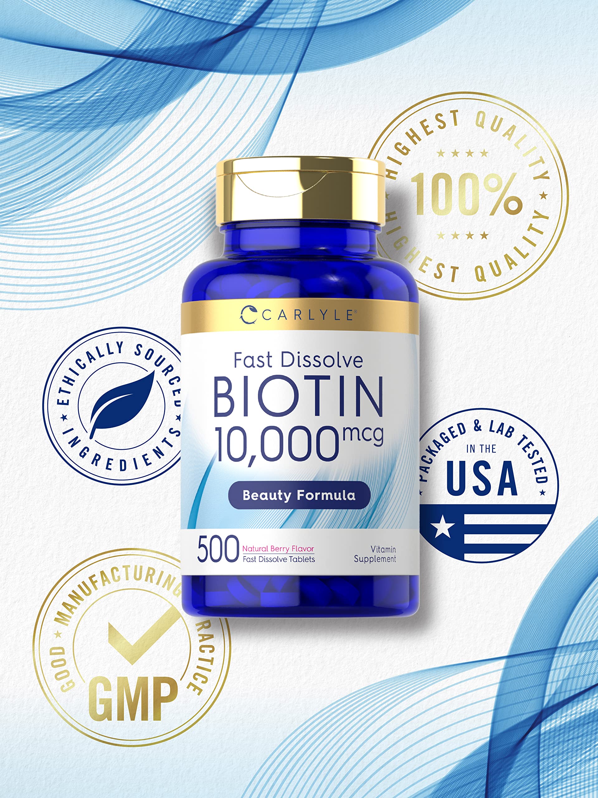 Carlyle tableta junto a regla para comparar tamaño y dosis de 10,000 mcg