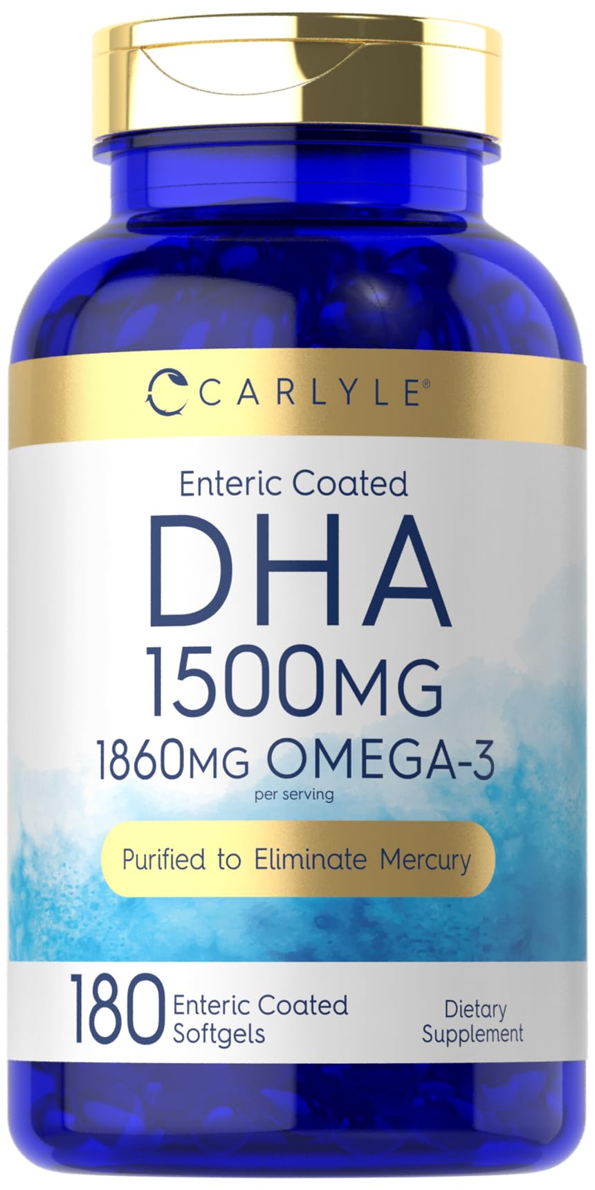 Carlyle frasco frontal mostrando 180 softgels y beneficios de almacenamiento