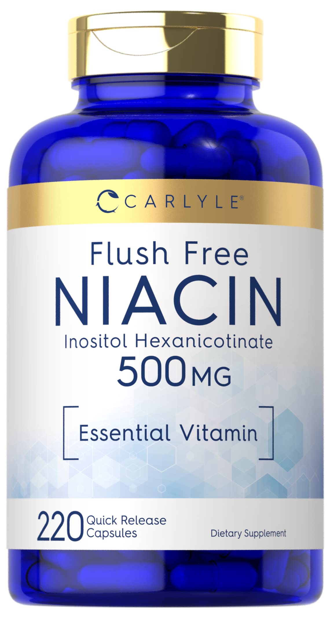 Carlyle envase frontal Niacin Flush Free, presentación clara y beneficios por dosis