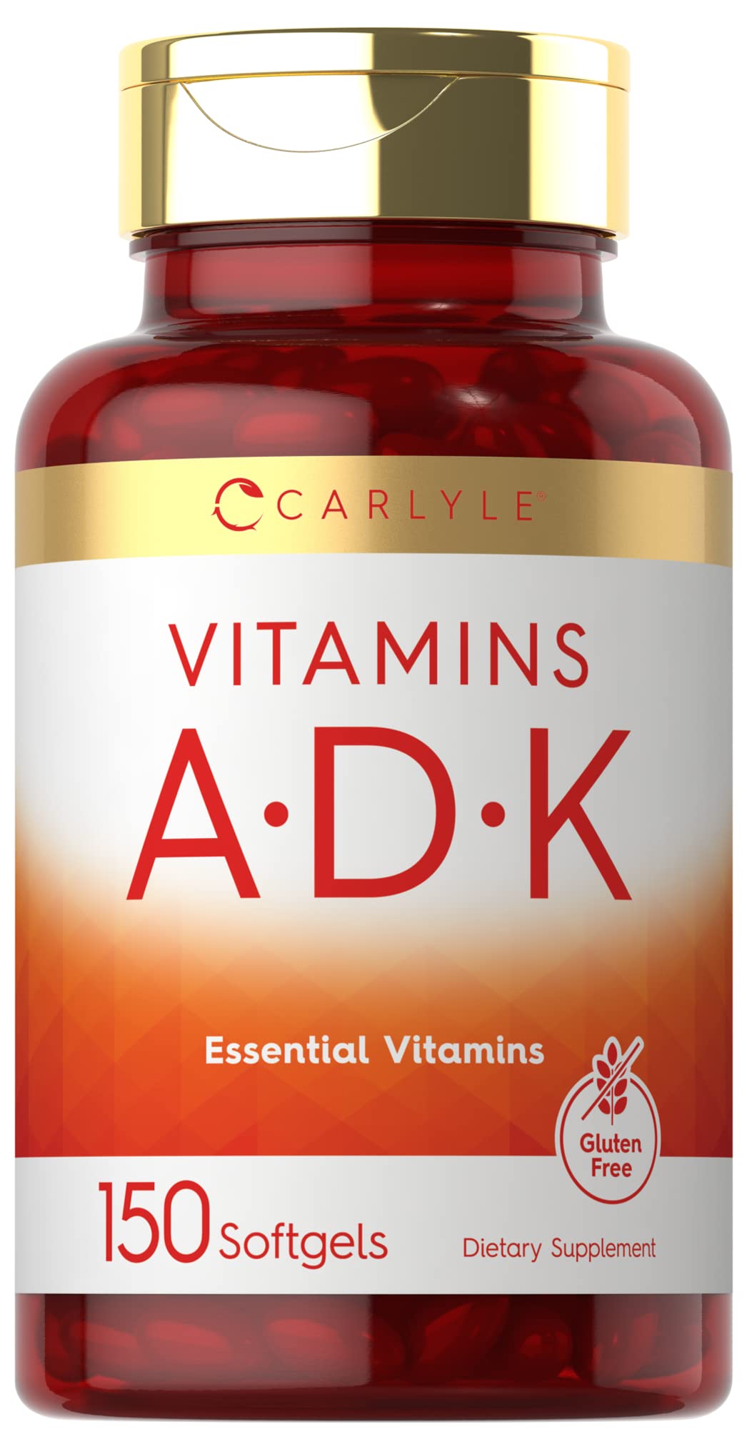 Carlyle envase frontal Vitamin ADK mostrando 150 softgels y claridad de etiqueta