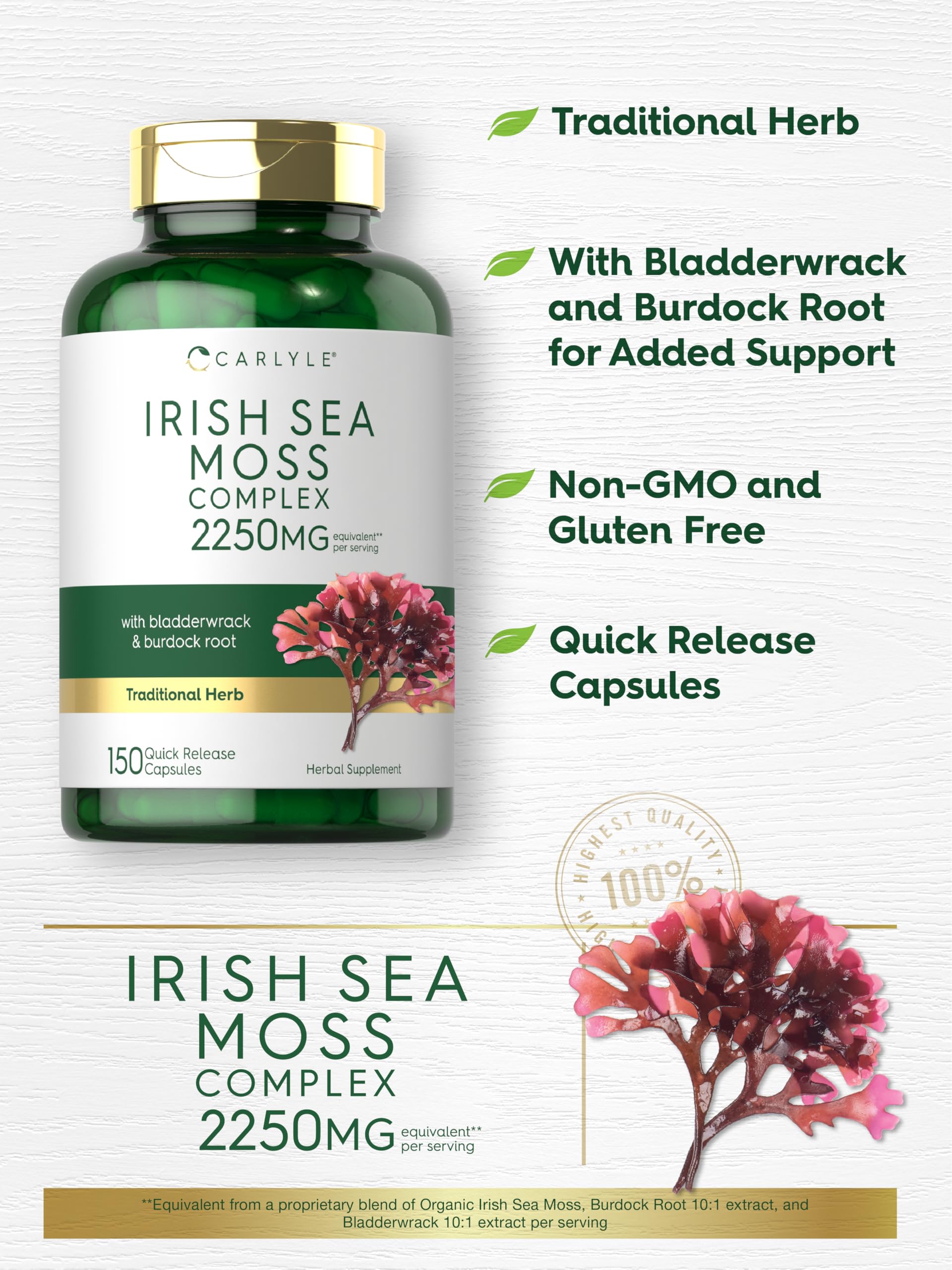 Carlyle etiqueta ingredientes cercana indicando Irish Sea Moss y transparencia