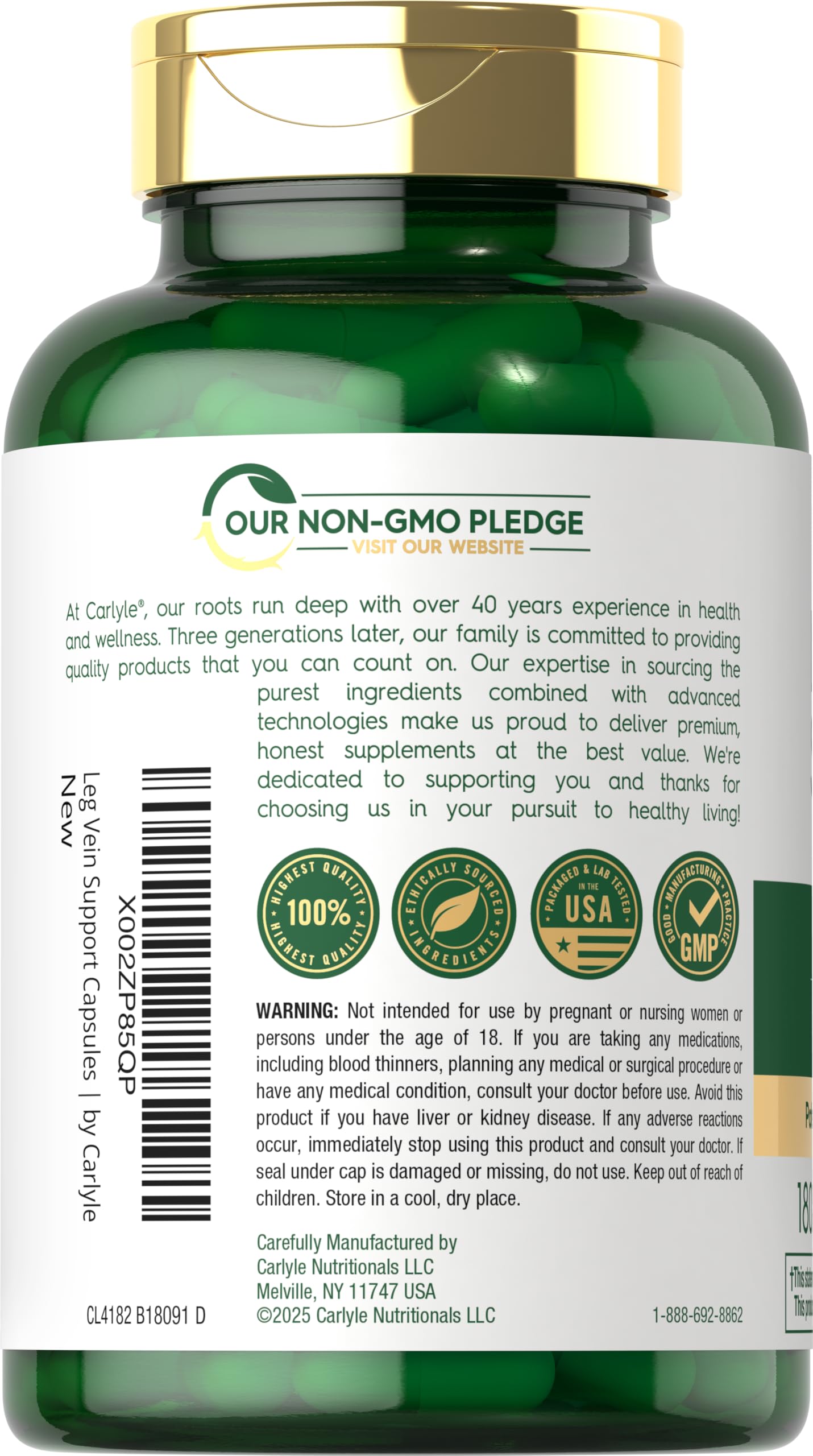 Carlyle etiqueta con lista de ingredientes clave y certificaciones visibles