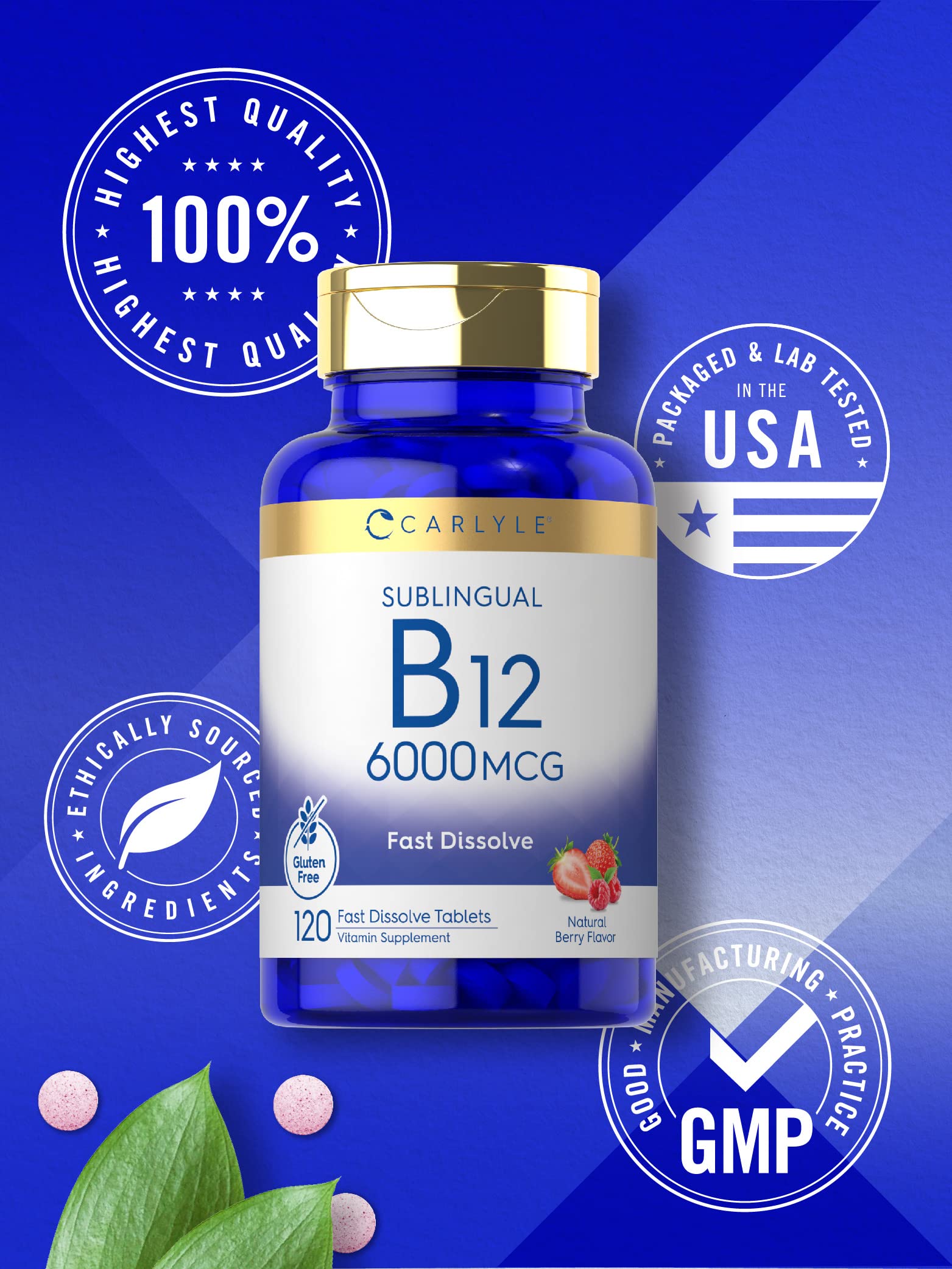 Carlyle etiqueta nutricional enfocada en 6,000 mcg y lista de ingredientes