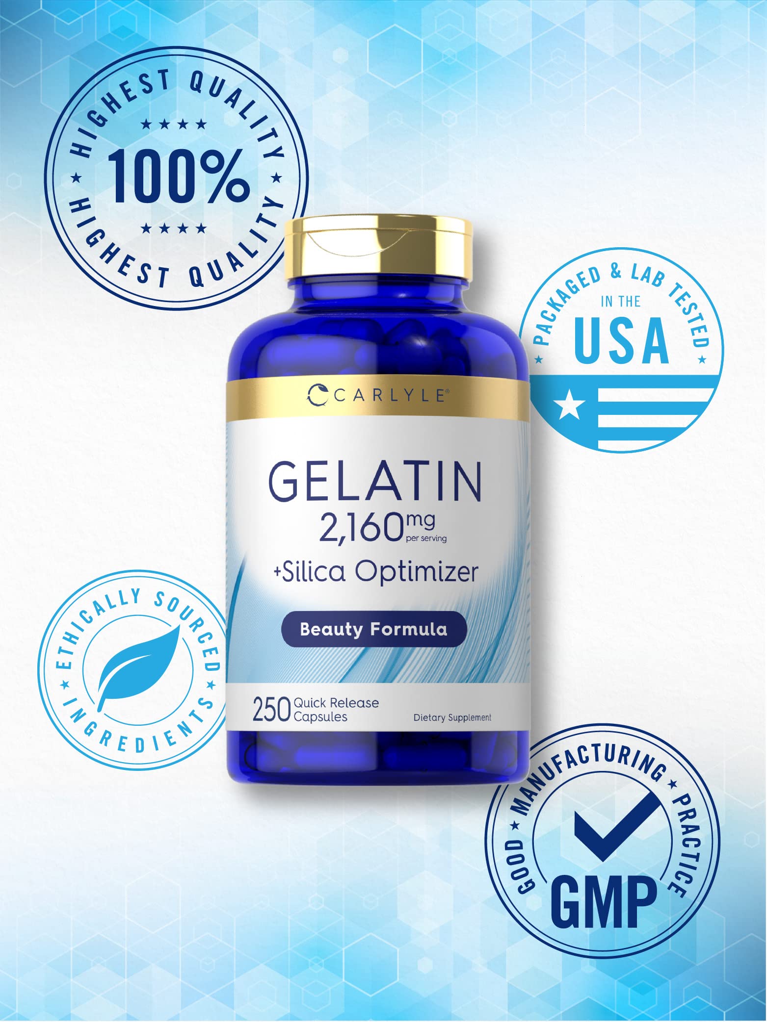 Carlyle etiqueta nutricional clara con datos de gelatina y sílice visibles