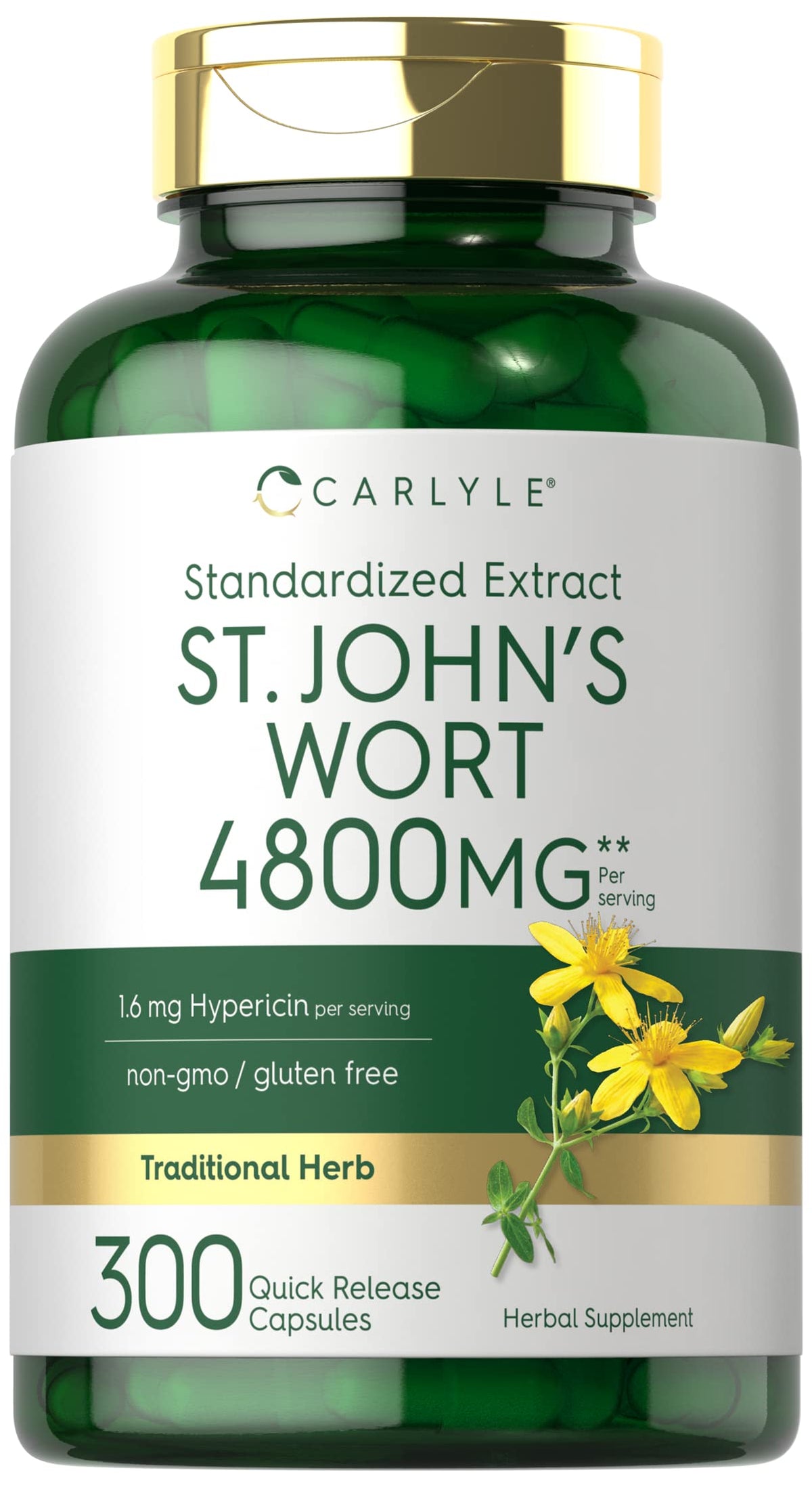 Carlyle frasco frontal de St John's Wort mostrando etiqueta clara y tamaño grande