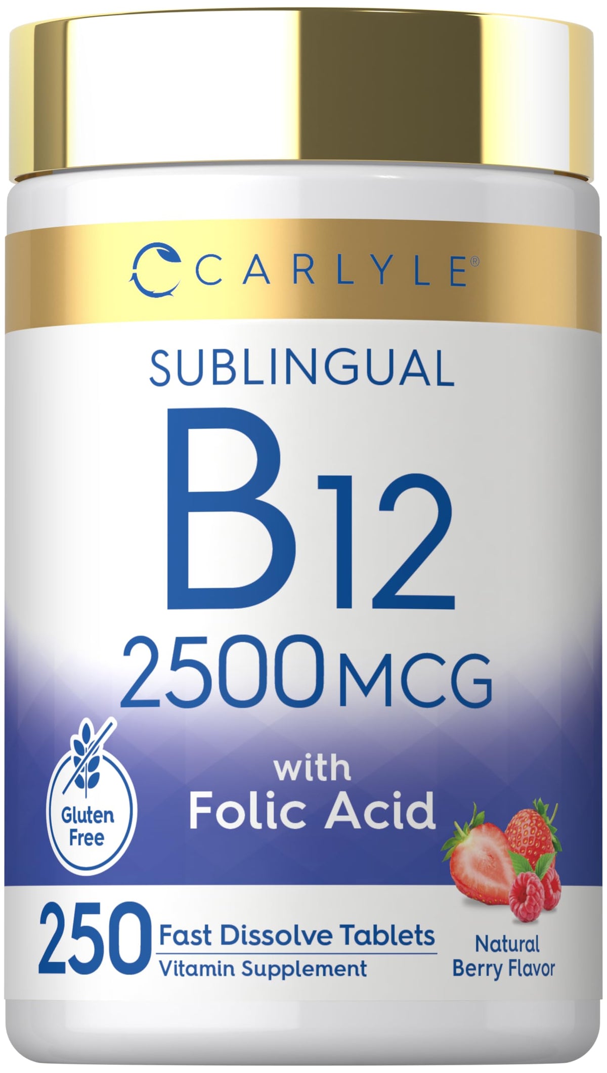 Carlyle frasco frontal mostrando 250 tabletas, claridad de la marca y cantidad