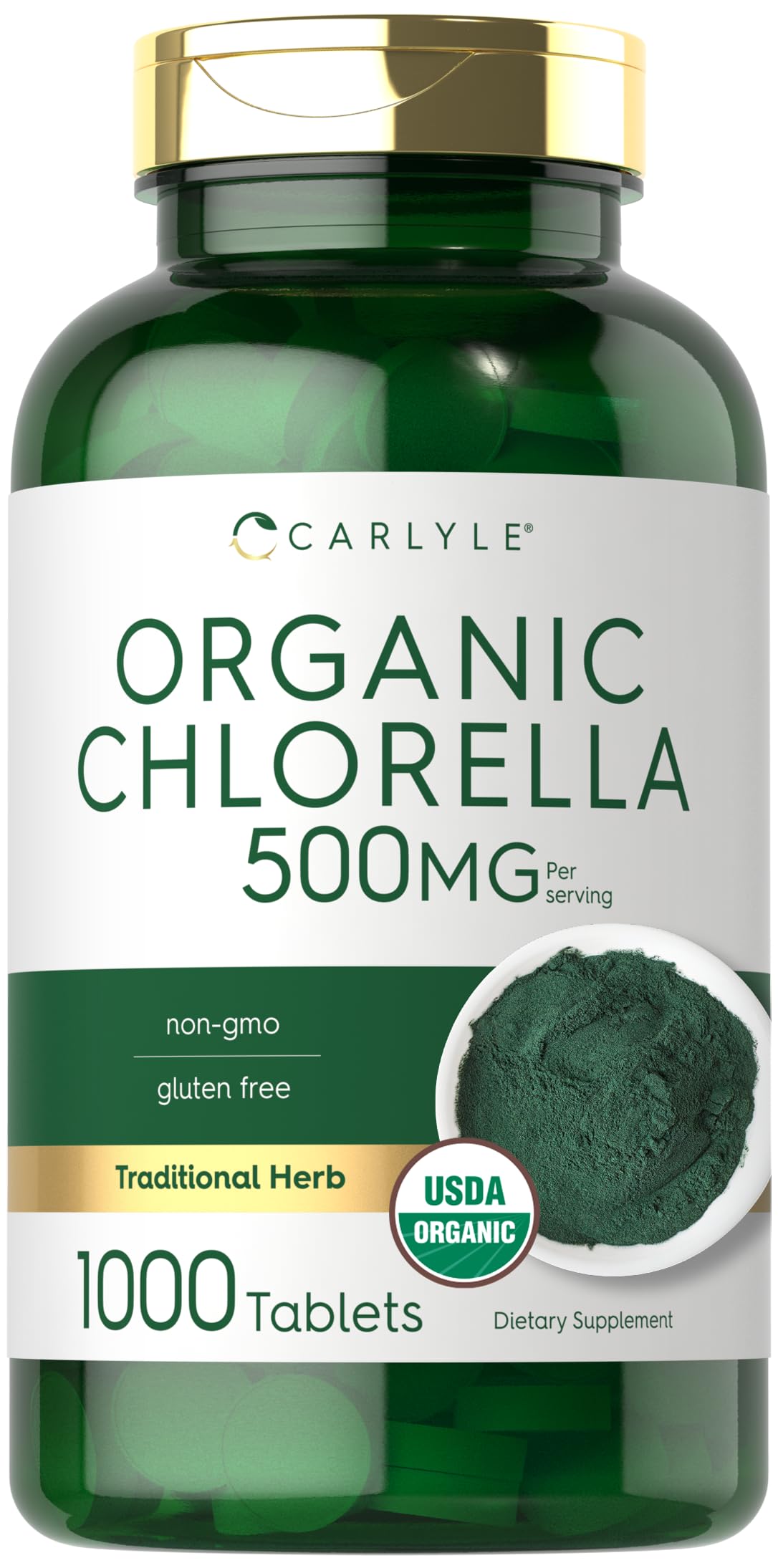 Carlyle envase frontal de chlorella mostrando cantidad y formato, beneficio de claridad