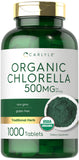 Carlyle envase frontal de chlorella mostrando cantidad y formato, beneficio de claridad