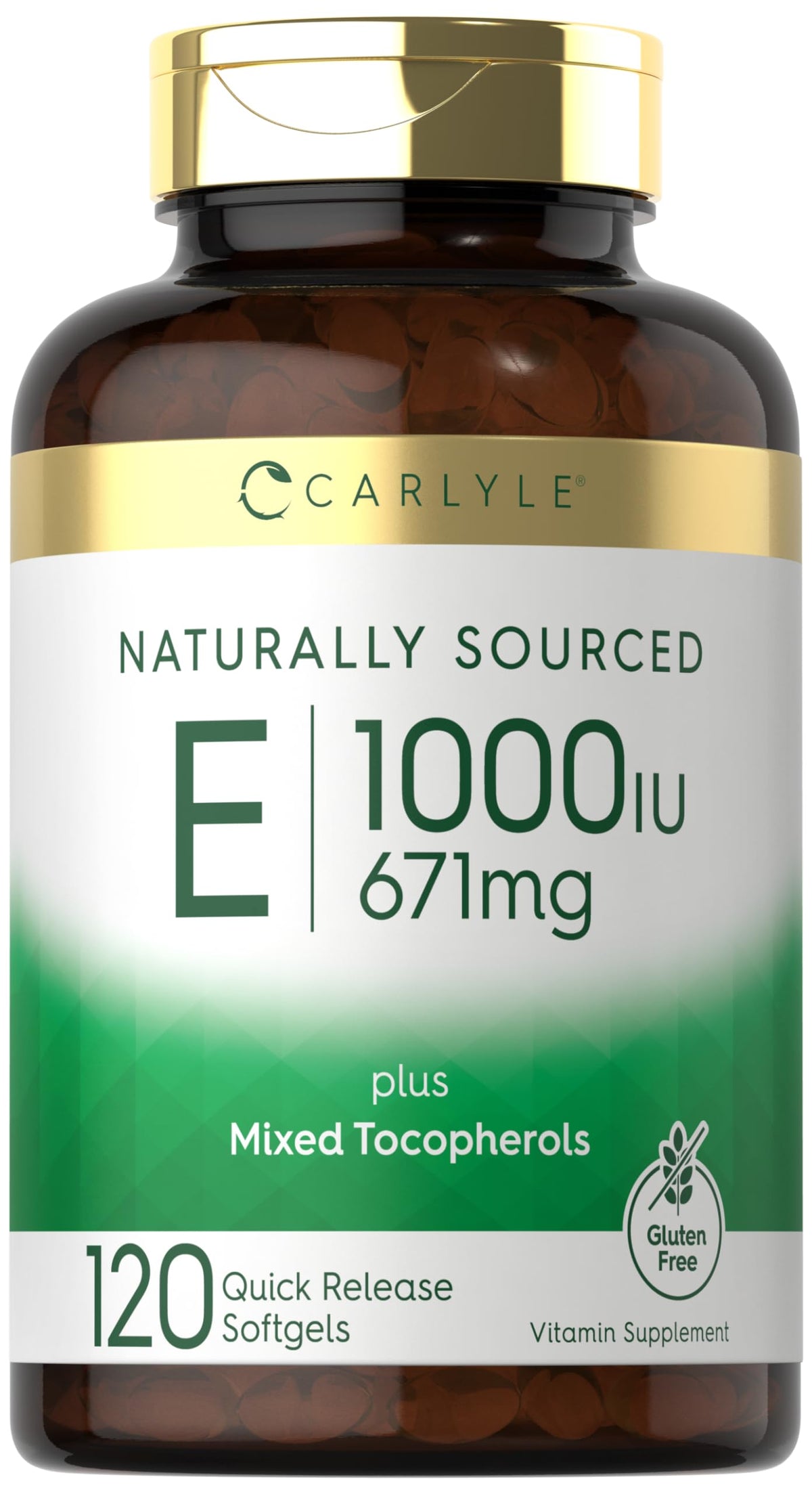 Carlyle envase frontal de vitamina E 1000 UI mostrando la etiqueta y cantidad